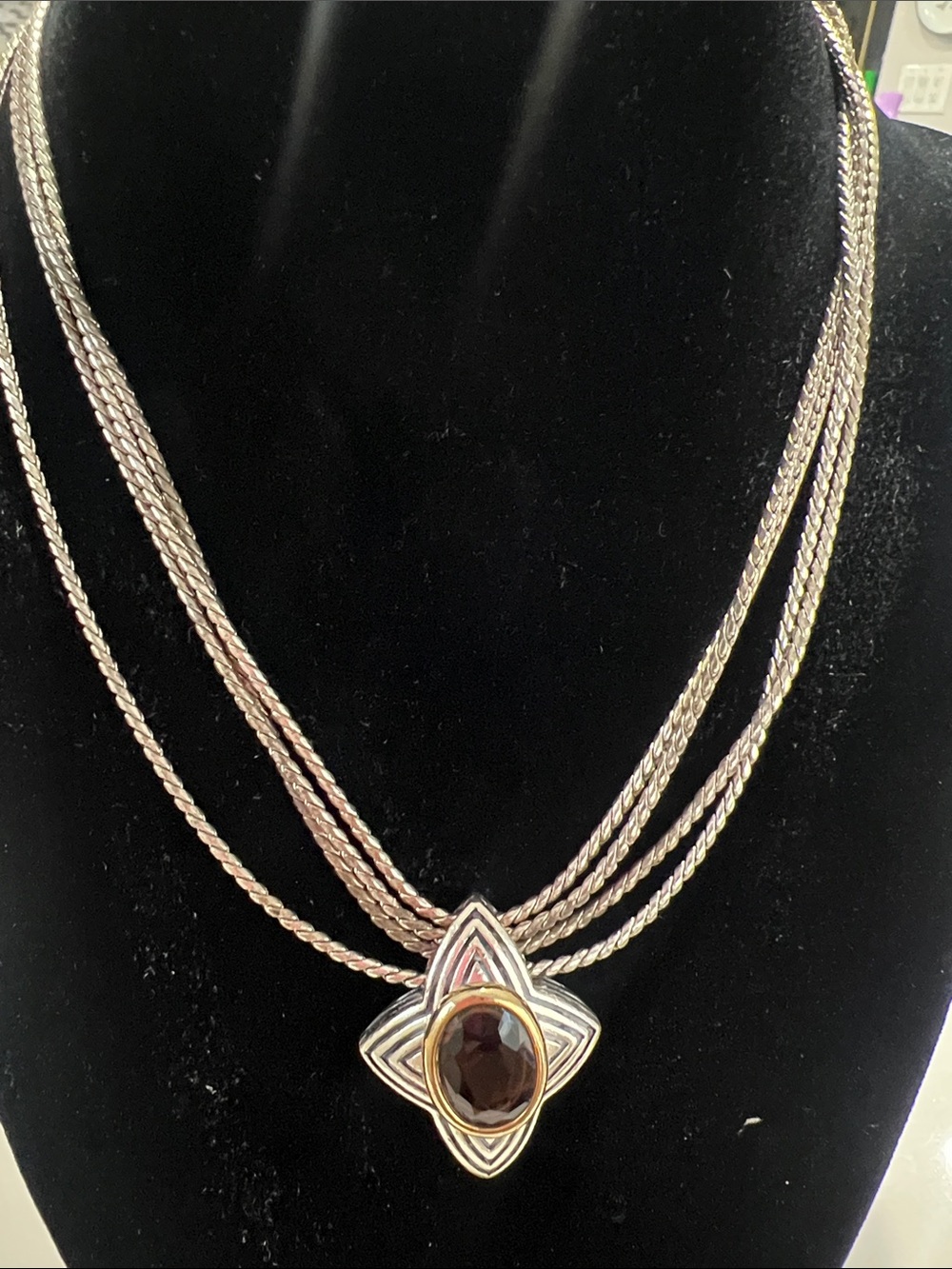 F#104-vintage Avon Smokey Glass Stone Multi-Strand Necklace